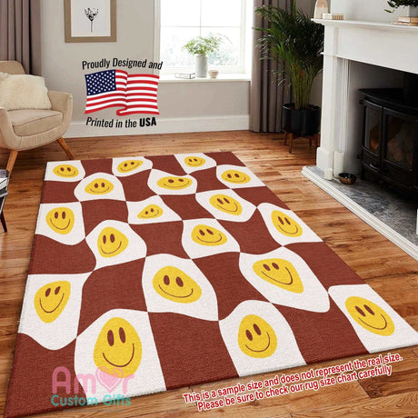Mats & Rugs Caro Retro Smiley Face Checkerboard Rugs | Caro Smiley Face Retro Checkerboard Area Rug | Caro Smiley Face Retro Home Carpet, Mat, Home Decor