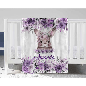 Custom Name Safari Rabbit Purple Flower Girl Blanket