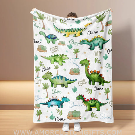 Custom Name Safari Wildlife Green Dinosaur Blanket