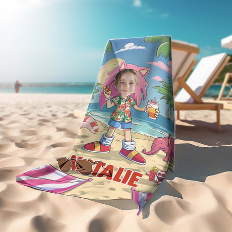 Towels Personalized Face & Name Summer Amy Rose Wear Hawaiian Shirt Girl Beach Towel