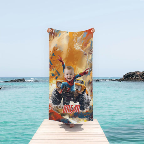 Towels Personalized Face & Name Summer Spider Boy With Monster Truck Boy Beach Towel