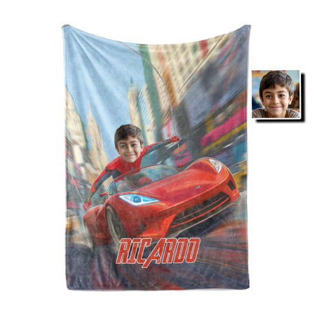 Personalized Face & Name Spider Boy McQueen Car Racing Through City Blanket