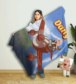 Blankets Personalized Adventures On The Red Plane Boy Blanket | Custom Face & Name Vehicle Boy Blanket