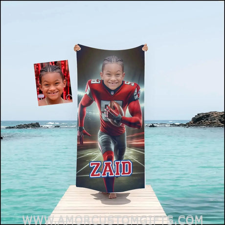 Towels Personalized Atlanta Boys Football Photo Beach Towel | Customized Name & Face Boy Towel