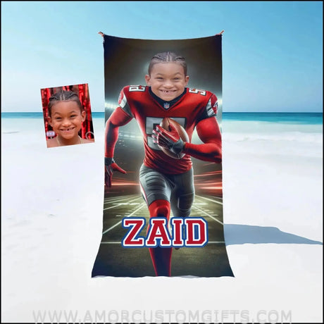 Towels Personalized Atlanta Boys Football Photo Beach Towel | Customized Name & Face Boy Towel
