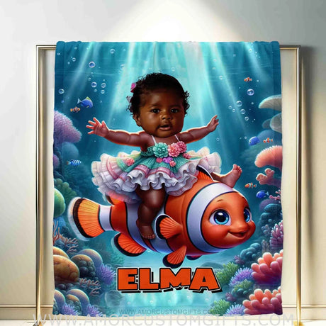 Blankets Personalized Baby Girl Riding Nemo Fish Blanket | Custom Face & Name Girl Nemo Blanket