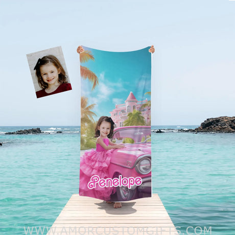 Towels Personalized Fashion Doll Girl Photo Beach Towel | Customized Pink Girl Barbi With Car Beach Towel