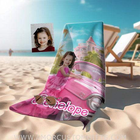 Towels Personalized Fashion Doll Girl Photo Beach Towel | Customized Pink Girl Barbi With Car Beach Towel