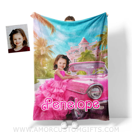 Blankets Personalized Fashion Doll Photo Blanket | Customized Pink Barbi Girl With Car Blanket