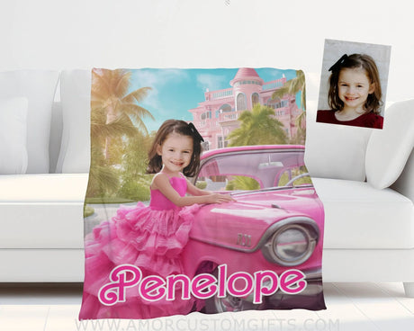 Blankets Personalized Fashion Doll Photo Blanket | Customized Pink Barbi Girl With Car Blanket