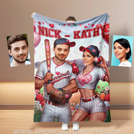Blankets Personalized Baseball Couple Blanket | Custom Face & Name Couple Blanket
