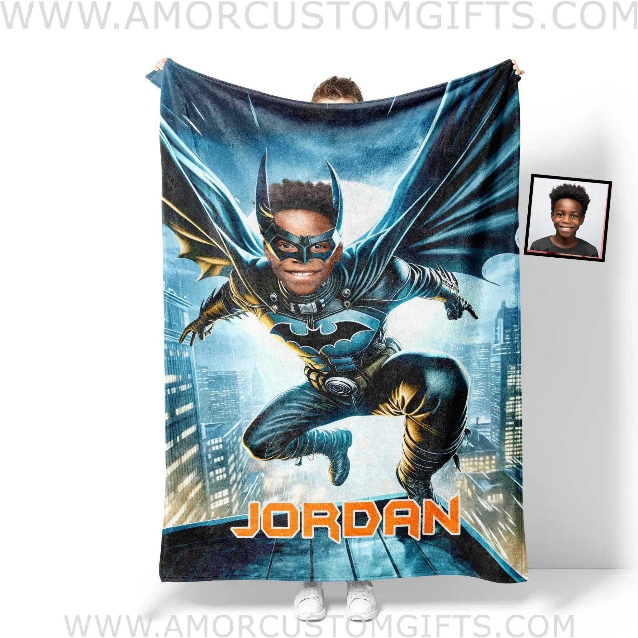 Personalized Bat Boy Superhero Flying Through Skyscrapper Photo Blanket Amor Custom Gifts