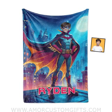 Blankets Personalized Bat Boy Superhero Standing On Rooftop Photo Blanket | Custom Name & Face Boy Blanket