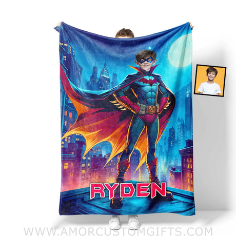 Blankets Personalized Bat Boy Superhero Standing On Rooftop Photo Blanket | Custom Name & Face Boy Blanket