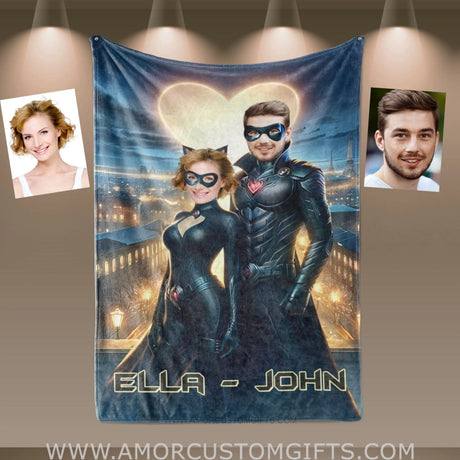 Blankets Personalized Bat Guy & Cat Lady Couple 1 Blanket | Custom Face & Name Couple Blanket