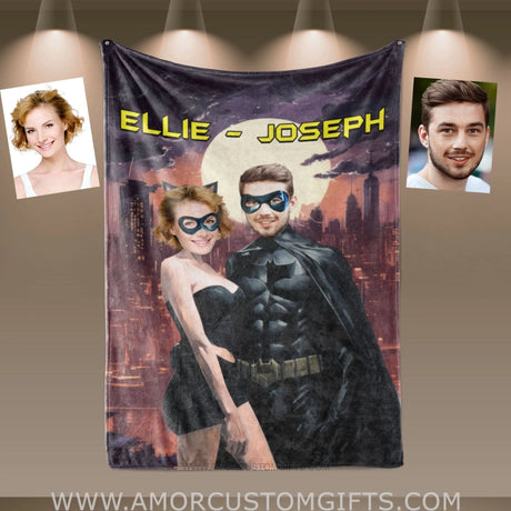 Blankets Personalized Bat Guy & Cat Lady Couple Blanket | Custom Face & Name Couple Blanket