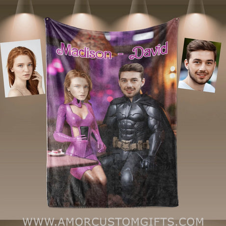 Blankets Personalized Batman Barbi 1 Blanket | Custom Face & Name Couple Blanket