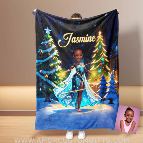 Blankets Personalized Black Elsa Frozen Photo Blanket | Custom Face & Name American African Snow Queen Princess