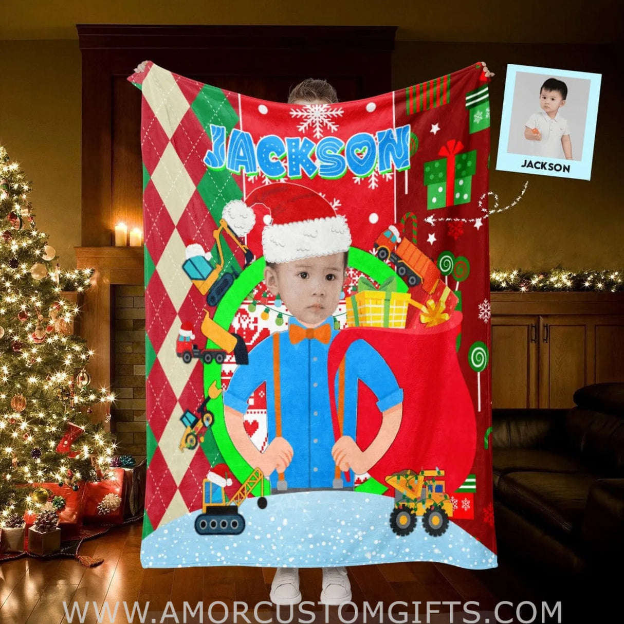 Blankets Personalized Blippi Truck Xmas Blanket | Custom Face & Name Christmas Boy Blanket