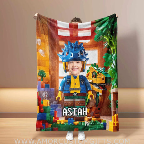 Blankets Personalized Building Blocks Dino Blanket | Custom Face & Name Blanket For Boys