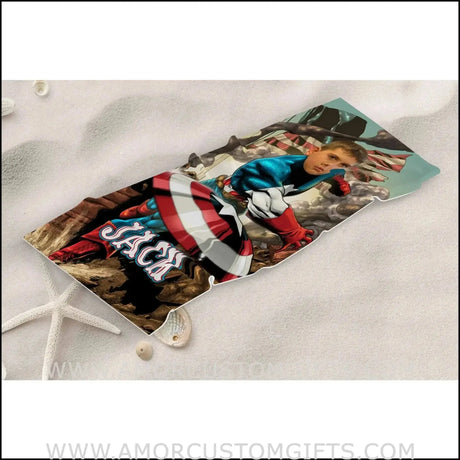 Towels Personalized Captain America Fight In War Photo Beach Towel | Customized Name & Face Boy Towel