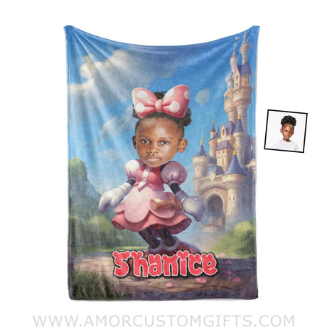 Blankets Personalized Cartoon Mouse Mini Castle Pink Dress Blanket | Custom Name & Face Girl Blanket