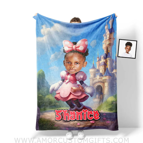 Blankets Personalized Cartoon Mouse Mini Castle Pink Dress Blanket | Custom Name & Face Girl Blanket