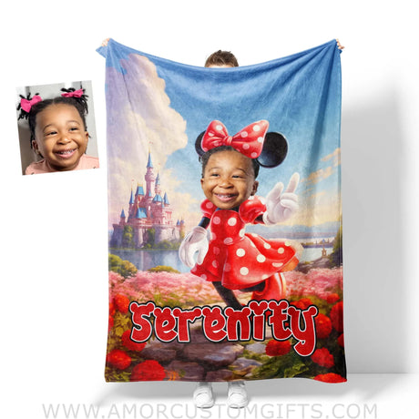 Blankets Personalized Cartoon Mouse Mini Castle Polka Dot Red Dress Blanket | Custom Name & Face Girl Blanket