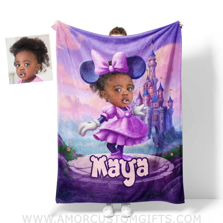 Blankets Personalized Cartoon Mouse Mini Castle Purple Dress Blanket | Custom Name & Face Girl Blanket