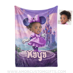 Blankets Personalized Cartoon Mouse Mini Castle Purple Dress Blanket | Custom Name & Face Girl Blanket