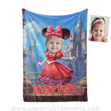 Blankets Personalized Cartoon Mouse Mini Castle Red Dress Blanket | Custom Name & Face Girl Blanket