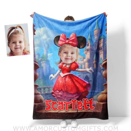 Blankets Personalized Cartoon Mouse Mini Castle Red Dress Blanket | Custom Name & Face Girl Blanket