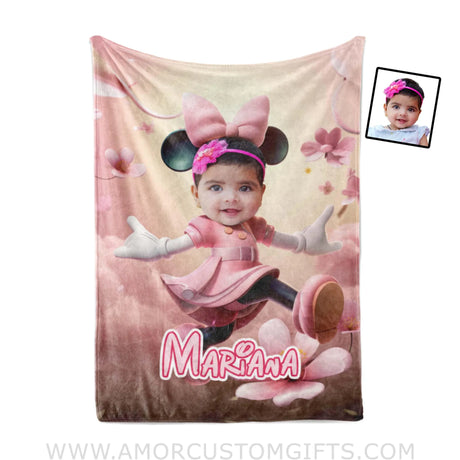 Blankets Personalized Cartoon Mouse Mini Pretty In Pink Blanket | Custom Name & Face Girl Blanket