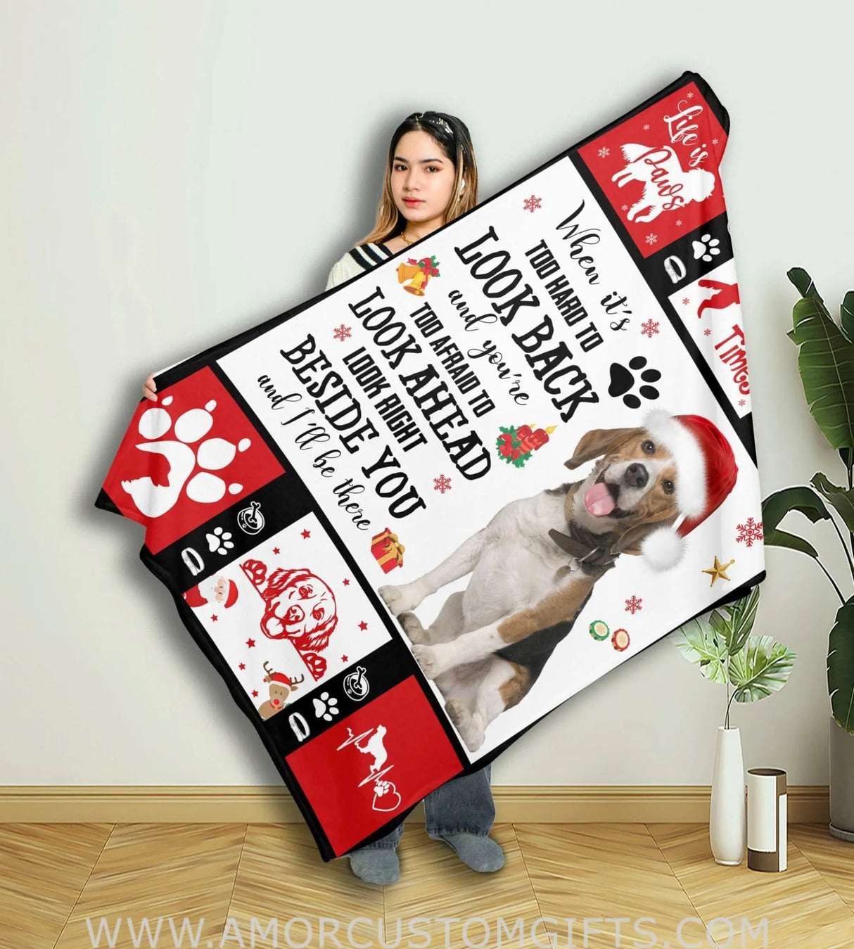 Blankets Personalized Christmas Dog Beside You Blanket | Custom Face & Name Christmas Blanket