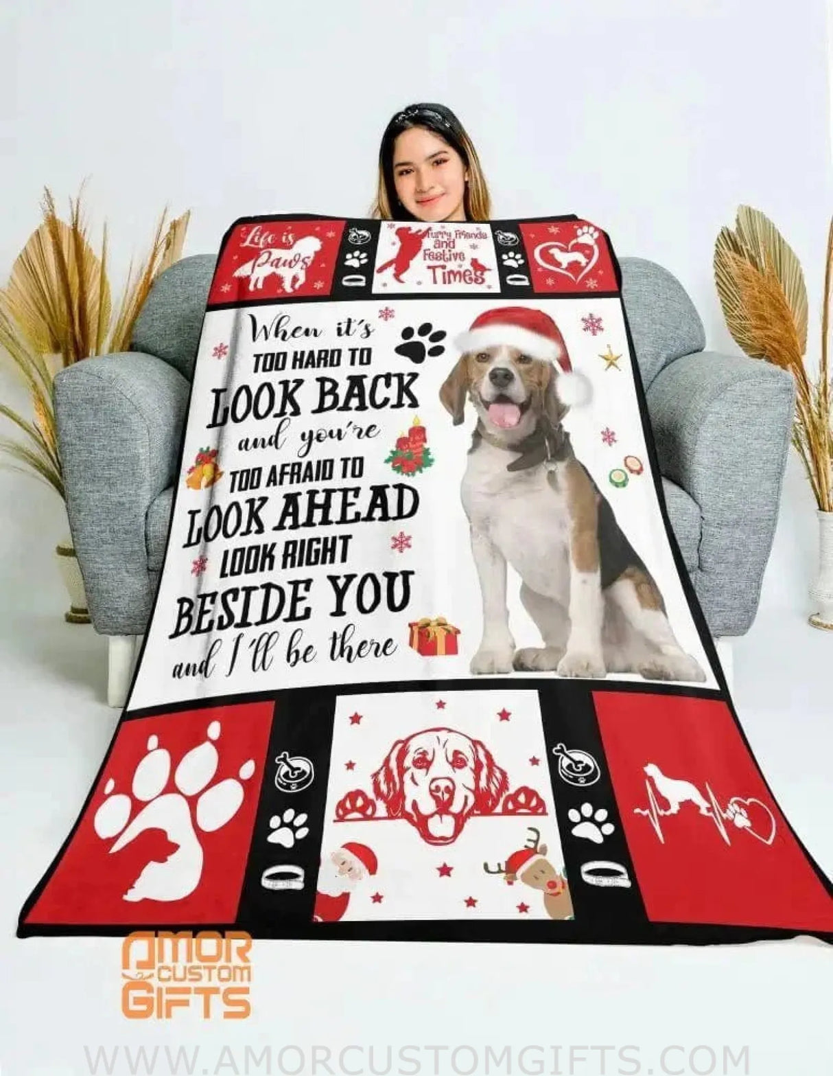Blankets Personalized Christmas Dog Beside You Blanket | Custom Face & Name Christmas Blanket