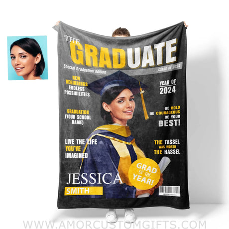 Blankets Personalized Class Of 2024 Magazine Girl Photo Blanket | Custom Name & Face Girl Blanket