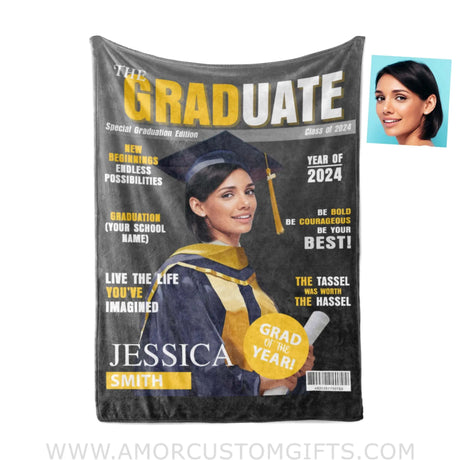 Blankets Personalized Class Of 2024 Magazine Girl Photo Blanket | Custom Name & Face Girl Blanket