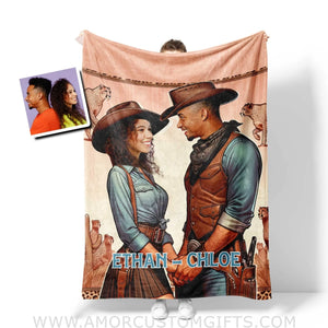 Blankets Personalized Cowboy Couple Blanket | Custom Face & Name Couple Blanket