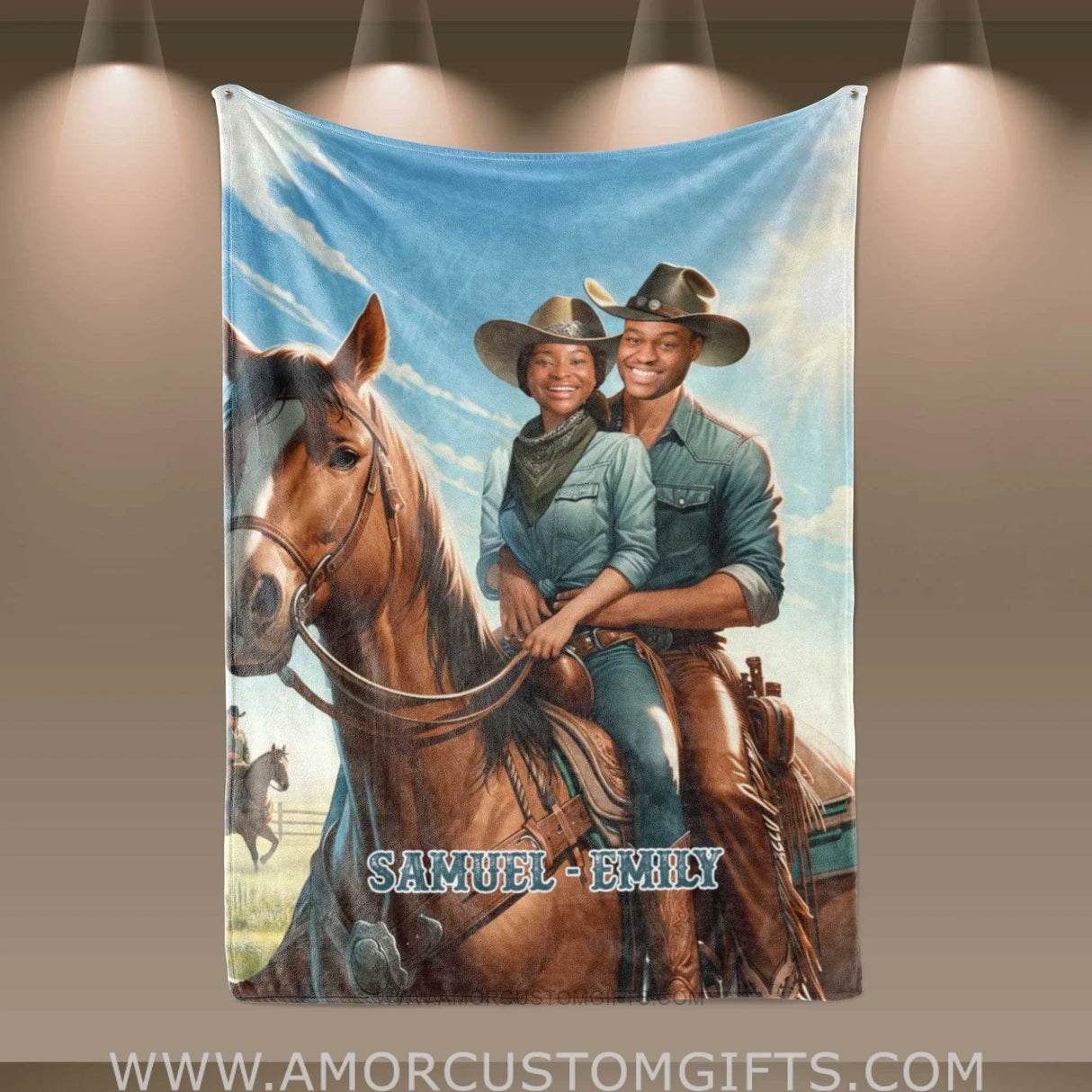 Blankets Personalized Cowboy Couple Field Of Love  Blanket | Custom Face & Name Couple Blanket