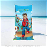 Towels Personalized Dog Patrol Boy Fishing Photo Beach Towel | Customized Name & Face Boy Towel