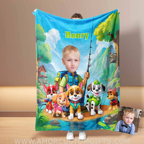 Blankets Personalized Dog Patrol Boy Photo Blanket | Custom Face & Name Paw Adventure Boy Goes Fishing Blanket