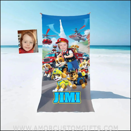 Towels Personalized Dog Patrol Puppies Adventure Photo Beach Towel | Customized Name & Face Boy Towel