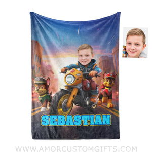 Blankets Personalized Dog Patrol Motorbike Blanket | Custom Face & Name Patrol Boy Blanket