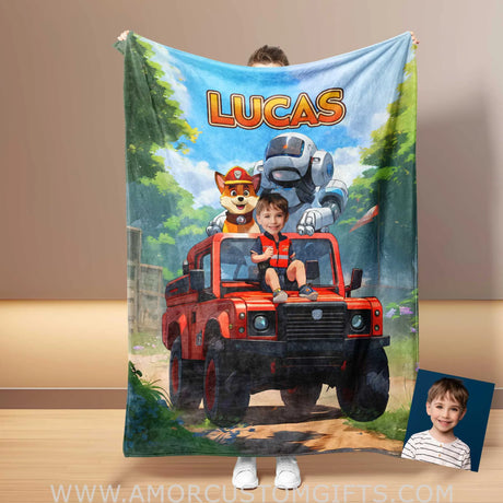 Blankets Personalized Dog Patrol Photo Blanket | Custom Face & Name Paw Patrol On Red Truck Blanket For Boys