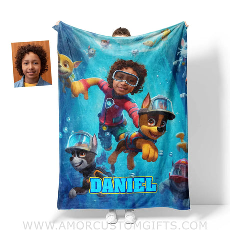 Blankets Personalized Dog Patrol Swimming Under The Sea With Pets Blanket | Custom Face & Name Patrol Boy Blanket