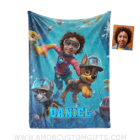 Blankets Personalized Dog Patrol Swimming Under The Sea With Pets Blanket | Custom Face & Name Patrol Boy Blanket