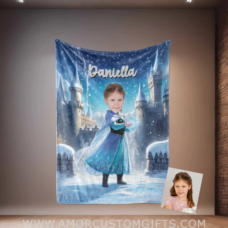 Blankets Personalized Elsa Princess 8 Photo Blanket | Custom Name & Face Girl Princess Blanket