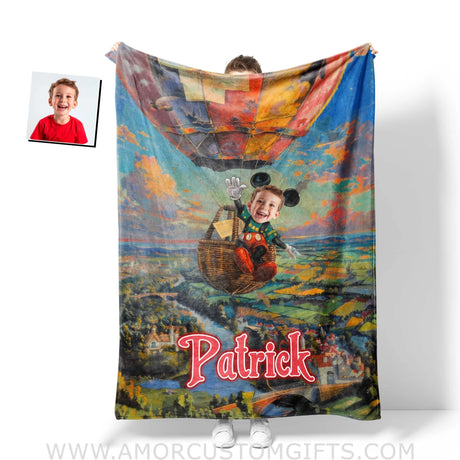 Personalized Face & Name Cartoon Mouse Hot Air Balloon Blanket Blankets
