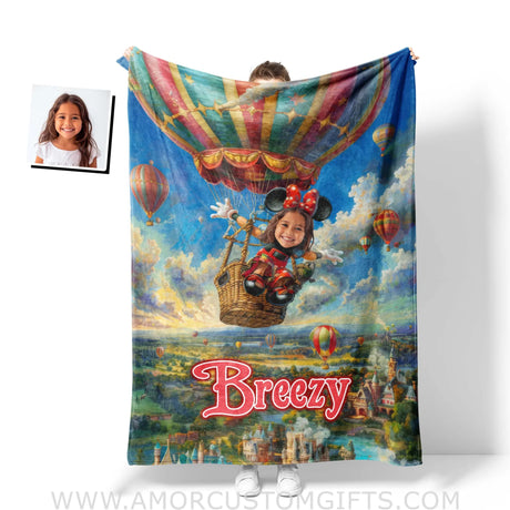 Personalized Face & Name Cartoon Mouse Hot Air Balloon Ride Blanket Blankets