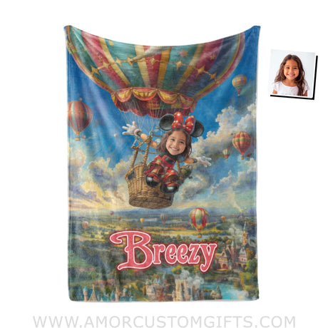 Personalized Face & Name Cartoon Mouse Hot Air Balloon Ride Blanket Blankets